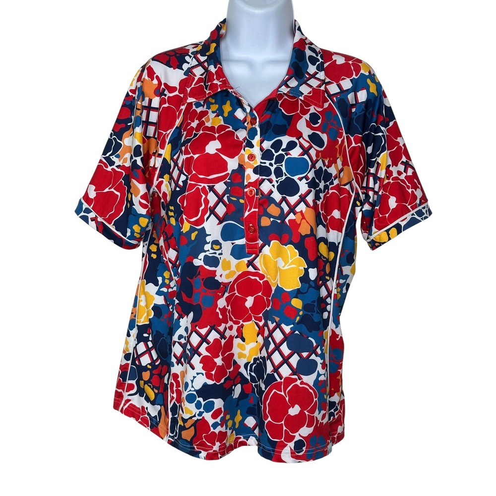 GG Blue Polo Shirt Large Red Floral Short Sleeve Golf Athletic Sporty Top